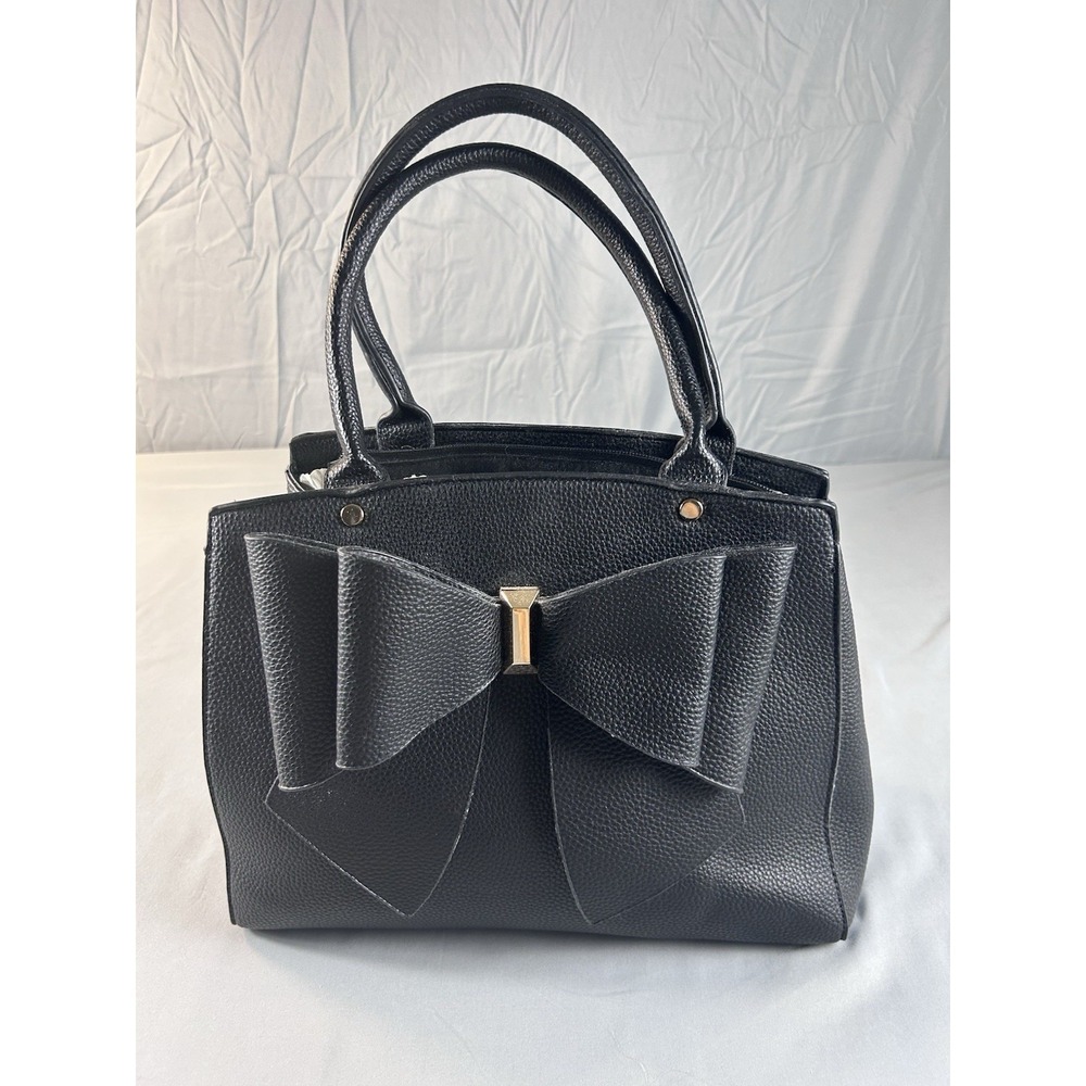 Crossi Black Bow Satchel Handbag‎ Faux Leather Structured Top Handle Purse